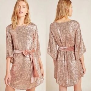 Anthropologie Starling Sequin Velvet Tie Blush Pink Mini Dress Size XS Women's